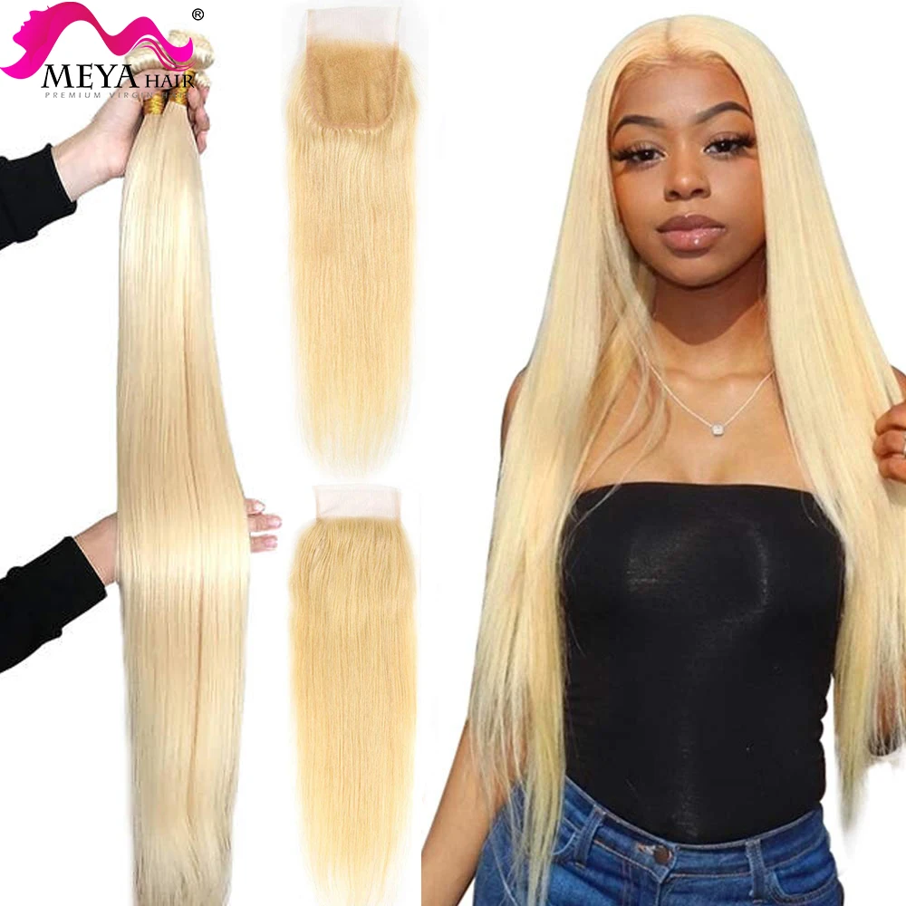 613 Honey Blonde Bundles With Closure Brazilian Straight Human Hair Weave Bundles with Closure 4x4 Transparent Lace Frontal