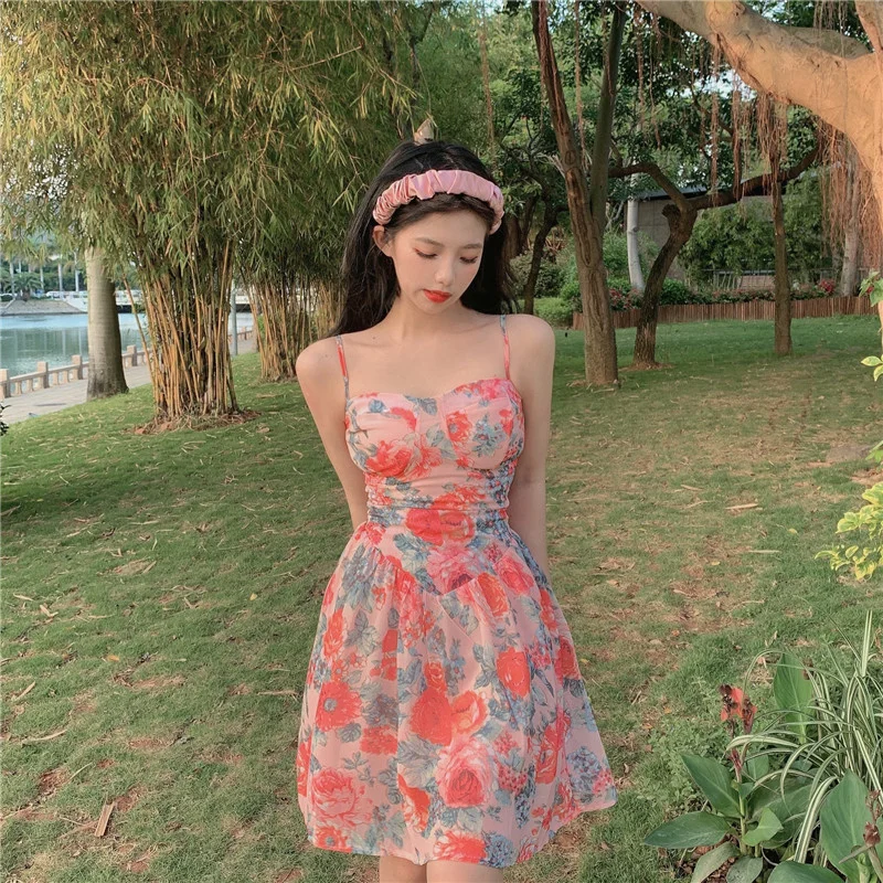 

Real Shot Floral Dress Seaside Vacation Style Pink