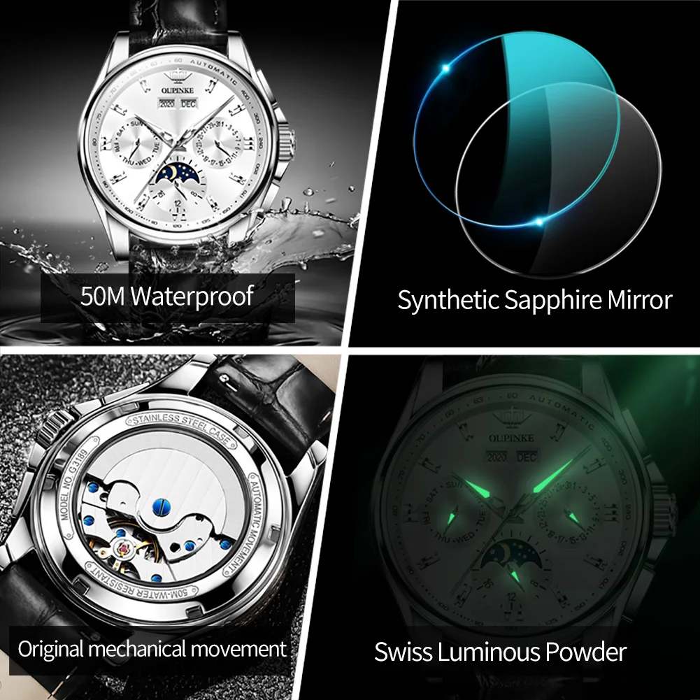 

OUPINKE Men Mechanical Watch Moon Phase Luxury Automatic Watch Leather Sapphire Waterproof Sports Wristwatch Montre homme 3189