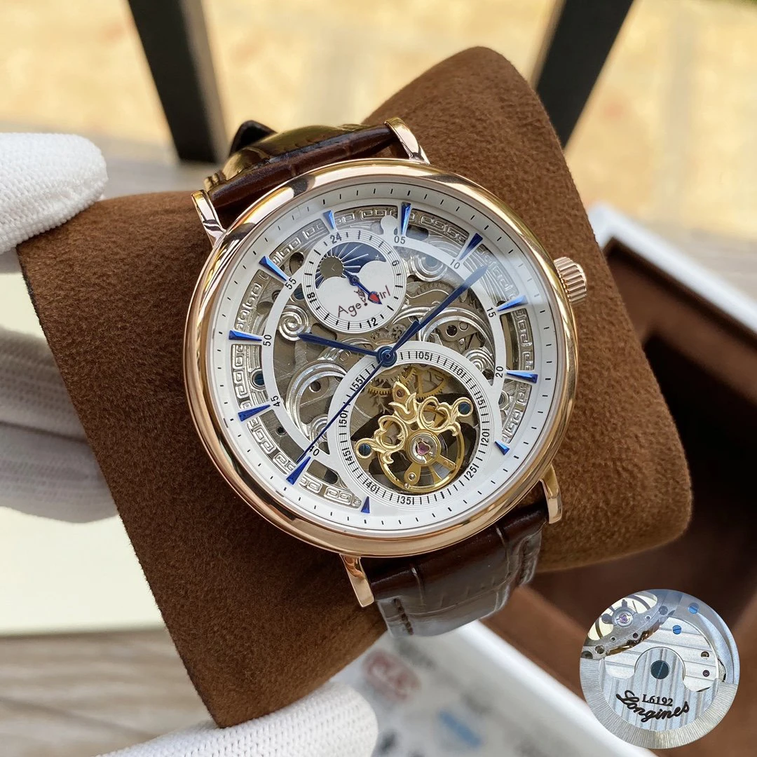 

Luxury Brand Men New Stainless Steel Automatic Mechanical Rose Gold Leather Black Tourbillon MoonPhase Skeleton Sapphire Watch