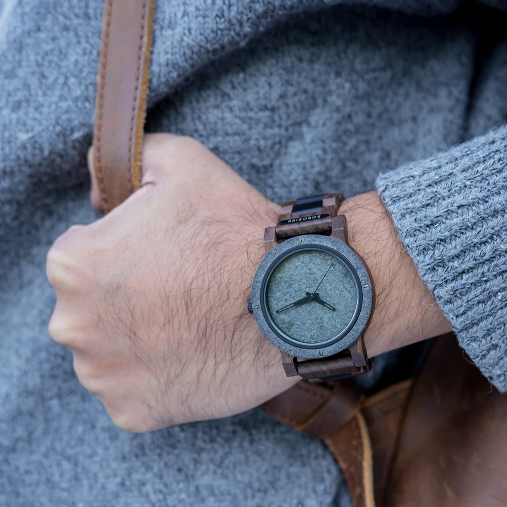 Часы мужские деревянные кварцевые с мраморным рисунком в японском стиле |