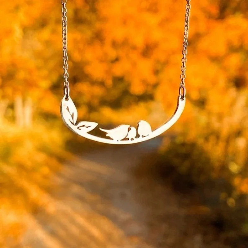 

Stainless Steel Cute Bird Animal Pendant Necklace for Women Girls Bird on Branches Necklace Romantic Love Birds Necklace Jewelry
