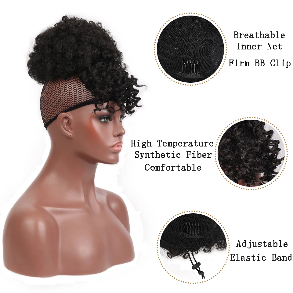 SHANGKE Women's Afro Kinky Curl Hair Bun With Bangs Synthetic Ombre Color Drawstring Clip In Puff Chignon Pins | Шиньоны и парики