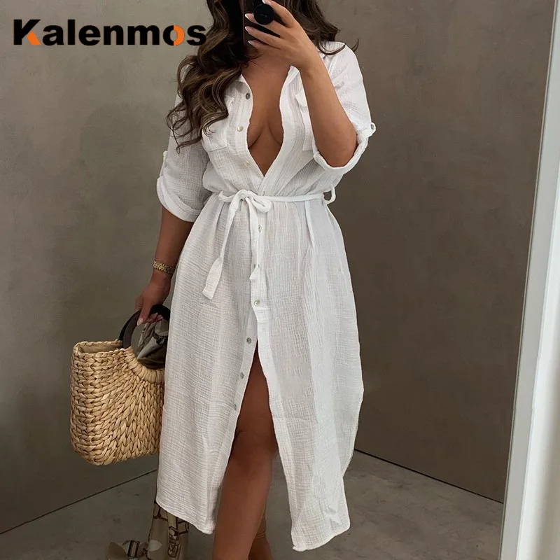 

Длинное платье для женщин, повседневные платья, летние платья с длинным рукавом, шнуровка, большой подол, однотонные пуговицы, Feminino, макси, э...