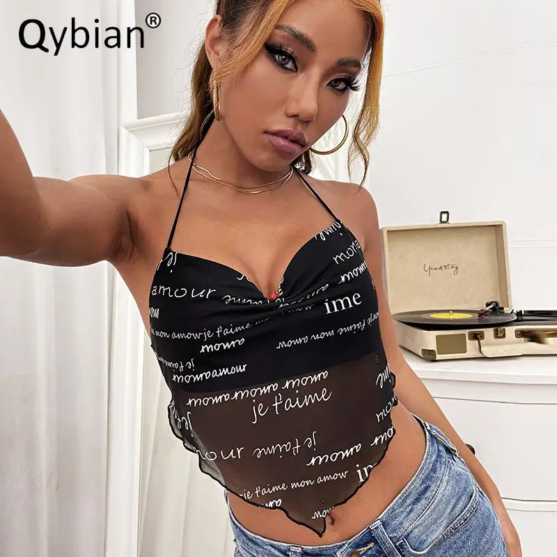 

Тонкая сетчатая майка в стиле панк с надписью укороченные топы на бретельках, сексуальный топ, треугольные летние топы