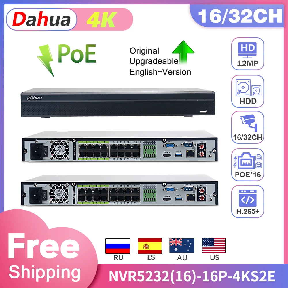 

Камера видеонаблюдения Dahua 4K NVR NVR5232-16P-4KS2E 32CH 16PoE SATA NVR, поддержка H.265, двусторонняя связь, 800m ePoE & EoC