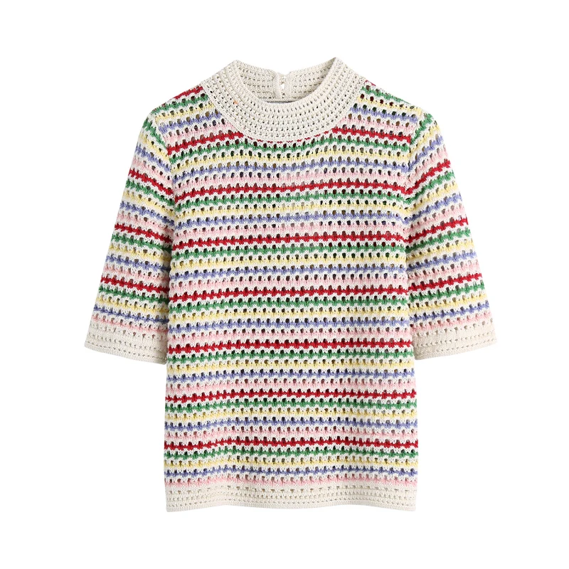 

Женский Повседневный вязаный свитер, свободные Джемперы, пуловер с круглым вырезом и коротким рукавом, топ в полоску, джемпер с принтом и вы...