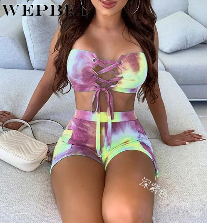 

WEPBEL Women Summer Two Piece Set Color Gradient Bandage Crop Top High Waist Shorts Ladies Bikini Set Swimwear Beach Wear