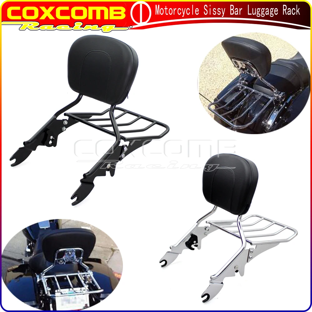 

Багажная стойка для Harley Touring Road King FLHR FLHX, черная/хромированная алюминиевая для мотоцикла, съемная спинка пассажира, Сисси-бар