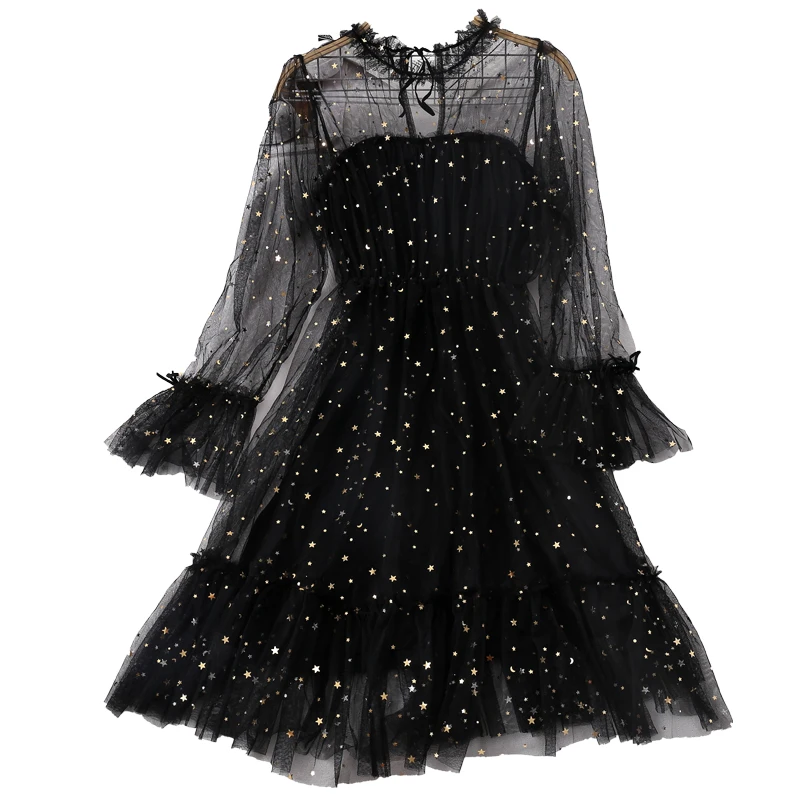 2019 Новое модное женское платье звезды блестки с длинными рукавами и высокой