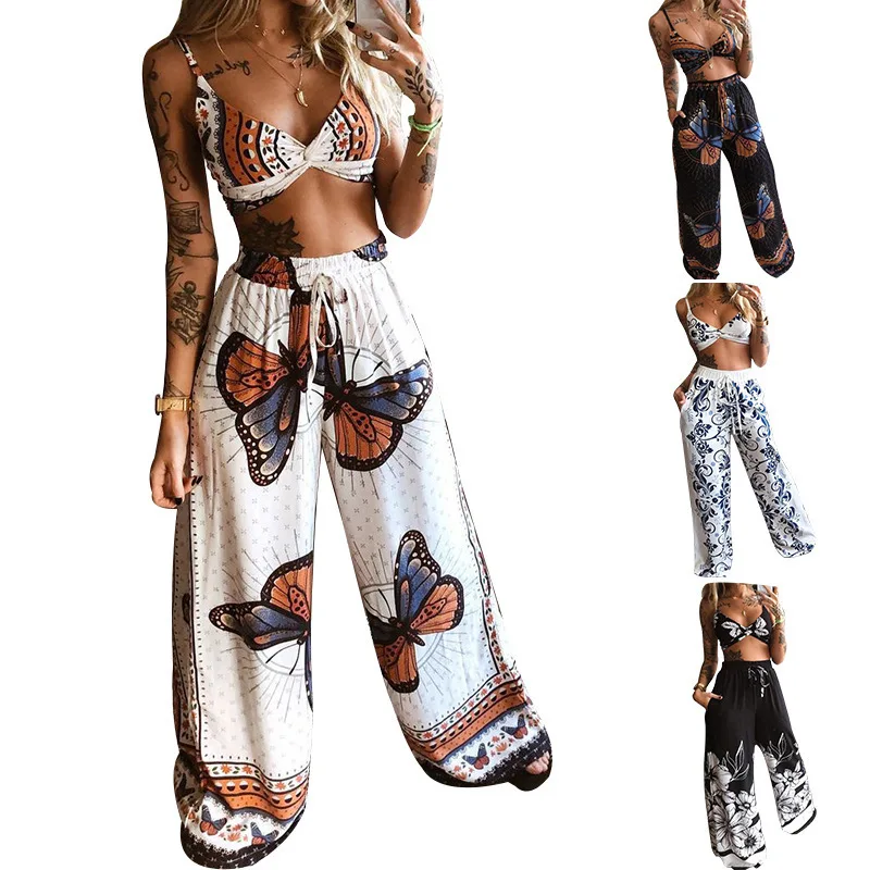 

Summer Women's New Style Print Sexy Ladies Fashion Tube Top Loose Wide-leg Pants Two-piece Suit