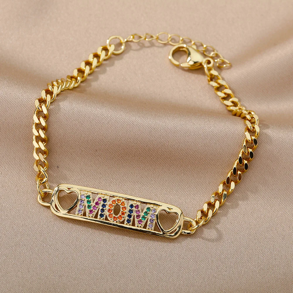 Цветной зирконий Браслет с звездой и луной для женщин Радужный браслет для мамы из кубинской цепочки. Винтажные украшения в подарок.