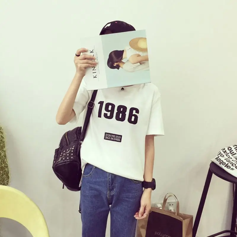 

Casual O-Neck Solid Color T-Shirt Short Sleeve Letter Printed Tops Casual Harajuku T shirt