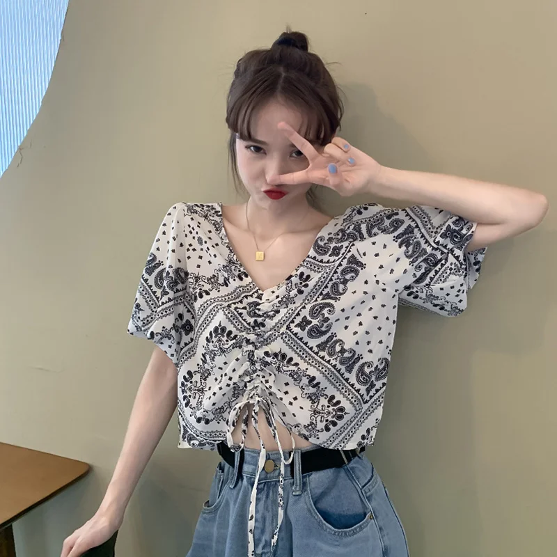 Рубашка в Корейском стиле для девушек свободная блузка с коротким рукавом и V