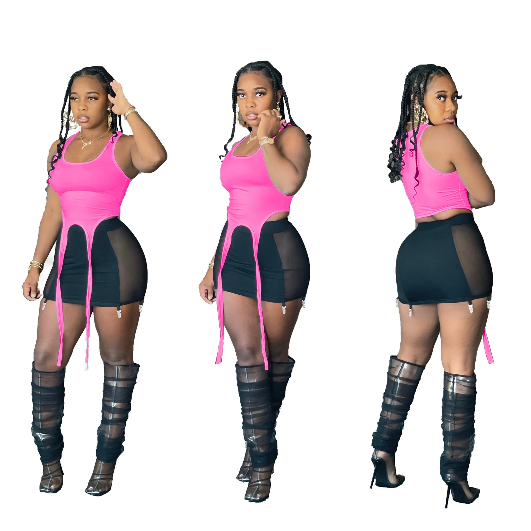 

Women's Two-piece Set European and American Vest Strap Stereo Hanging Mesh Stitching Skirt Shorts