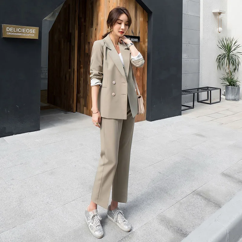 Gray Green Suit Новое поступление, женский двубортный блейзер с длинным рукавом, широкие длинные штаны, комплект из 2 предметов, женские повседневные штаны, костюм S98303F - Цвет: Gray Green Suit