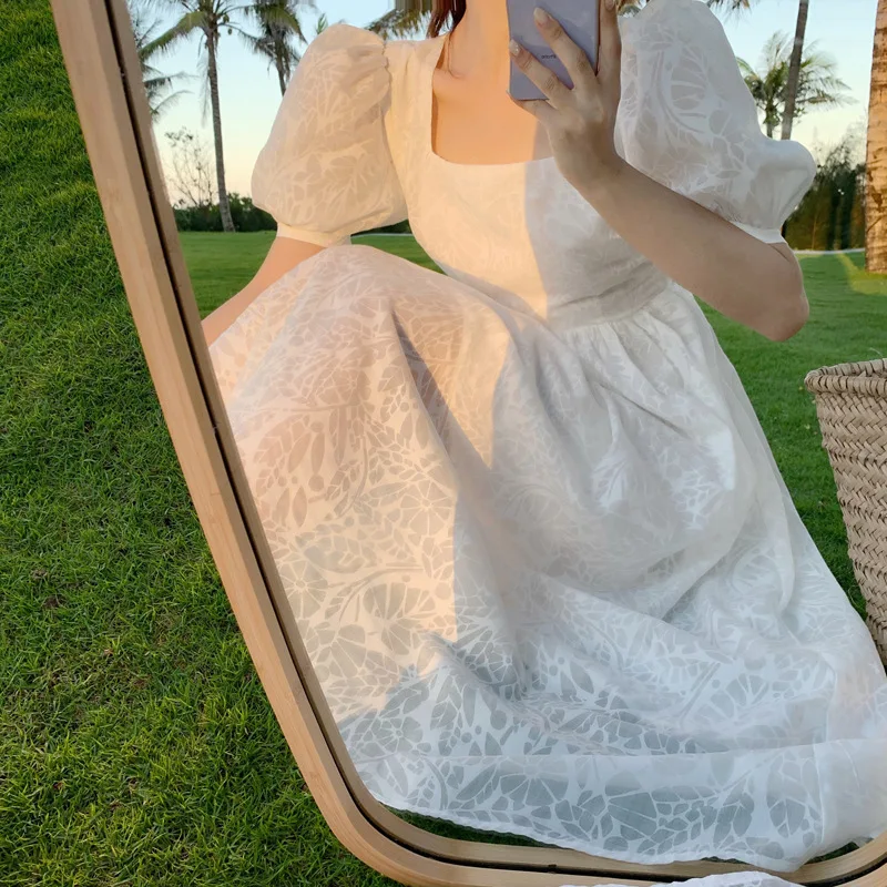 

Female Summer Temperament French Sweet Soild Square Collar Dresses Women White Fairy Dress 2021 New Puff Sleeve Holiday Dress