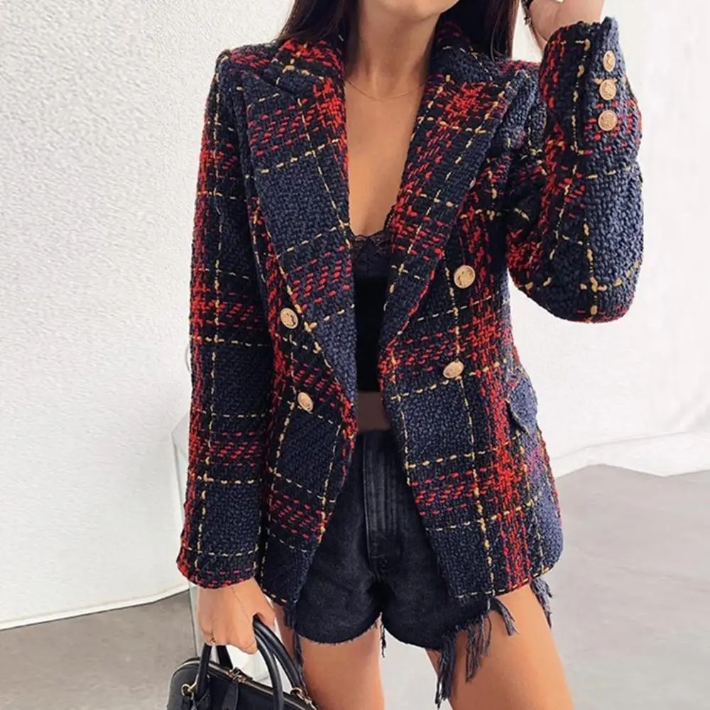 Женское пальто на весну и осень винтажное теплое клетчатое твидовое двубортное с