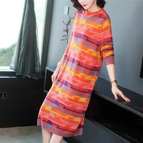 

Women Autumn Winter Mixed Long Sleeve Knitted Knee-Length Dress Female Colorful Sweater Dresses Ladies Loose Casual Dress P139