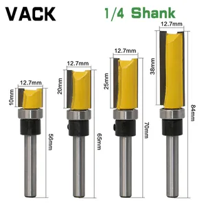 VACK 4pc Set 1/4 Shank Template Trim Hinge Router Bit Straight End Mill Trimmer Cleaning Flush Trim Tenon Cutter for Woodworking