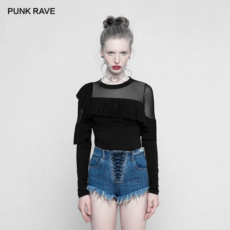 

Женская готическая футболка PUNKRAVE, облегающая Черная майка с длинным рукавом, воздухопроницаемая хлопковая Повседневная футболка с листьям...