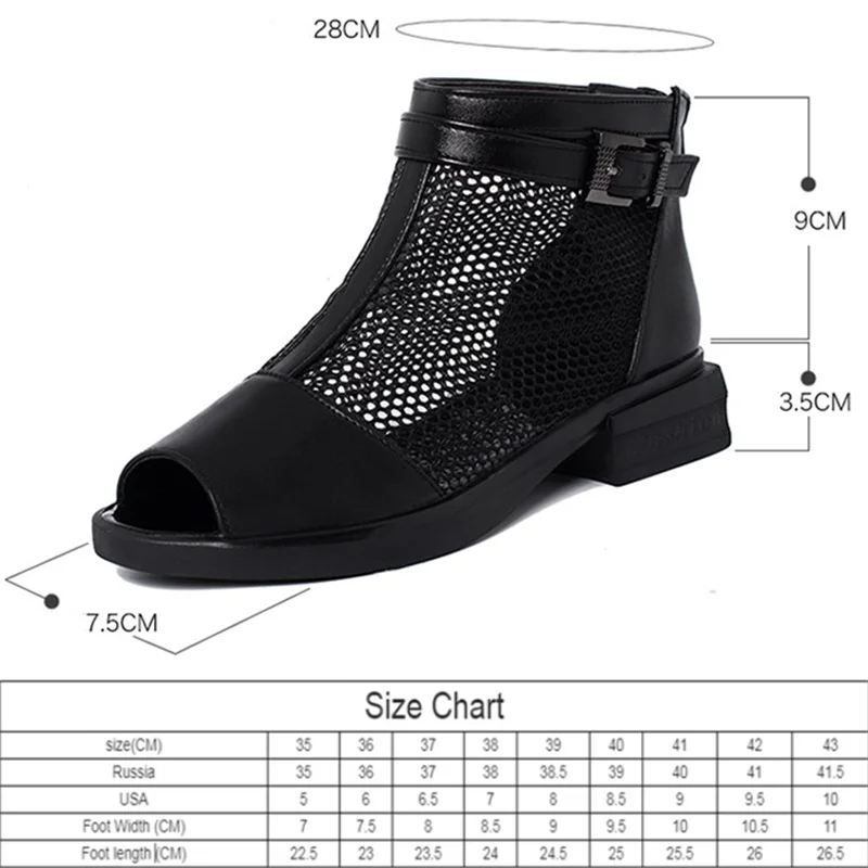 

Sandals Women Hollow Summer Genuine Leather Mesh Women Sandals Open Toe Large Size 35-43 Low-heel Sandals Ladies Black