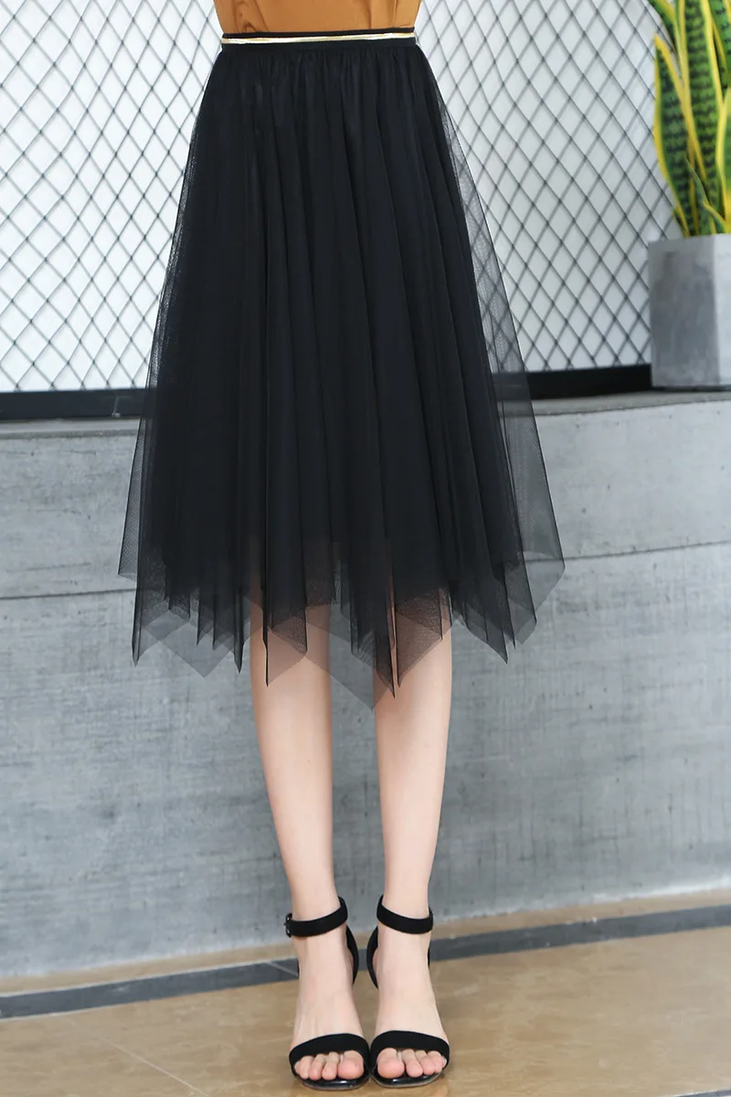 

2021 Summer New Skirt Korean Style Short Irregular Black Mesh Skirt With Gold Trim