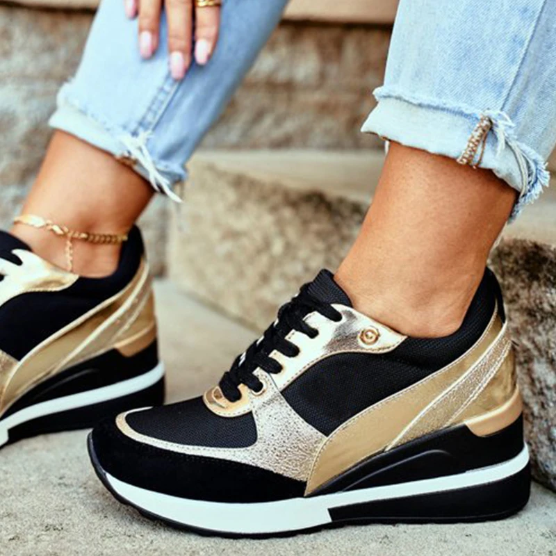 

Autumn Ladies Sneakers Patchwork Platform Lace-Up Tennis Shoes for Women Mesh Breathable Wedge Vulcanized Shoes Female Footwear