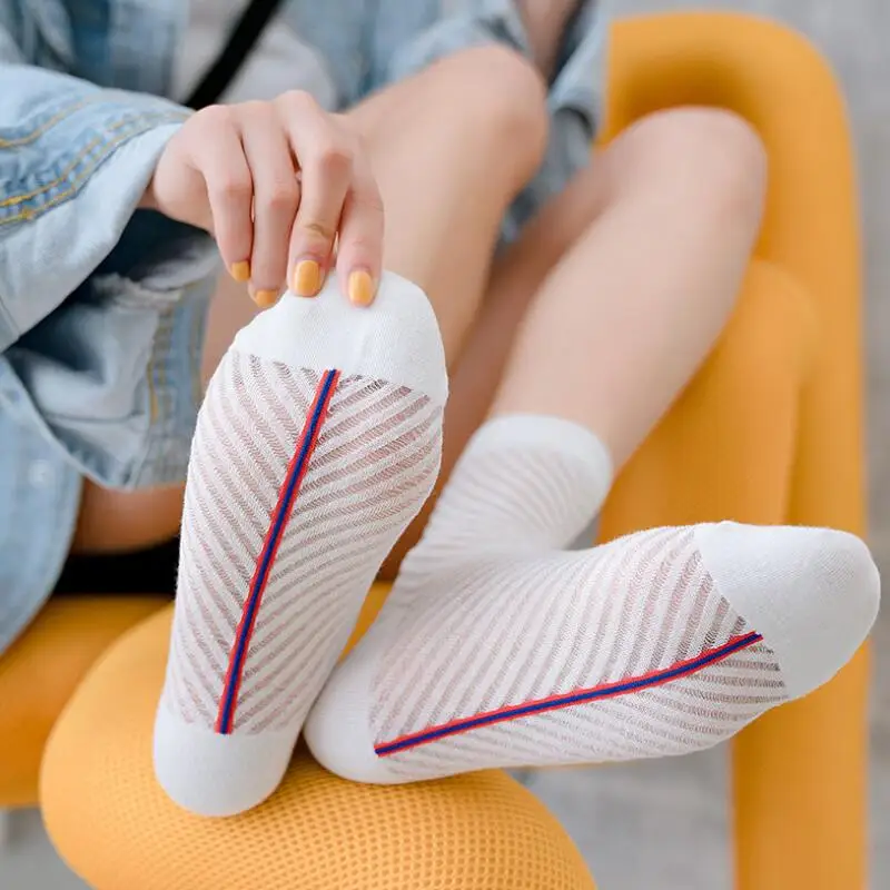 5 Pairs Girls Zebra Printed Thin White Cotton Ankle Socks Fashion Summer Crew Sock Women Glass Transparent Striped Ankle Socks