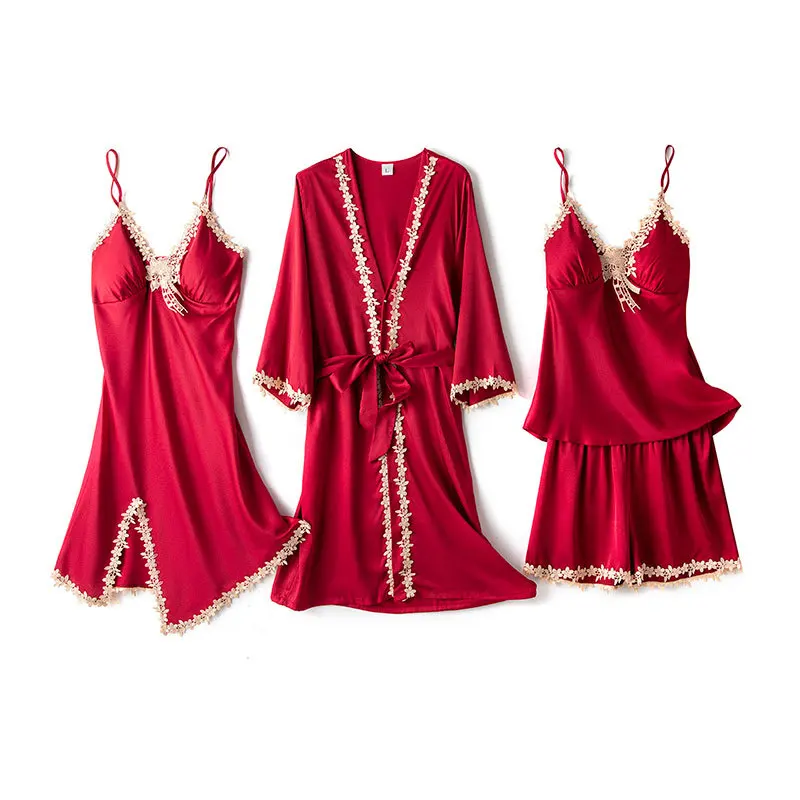 

Pajamas Set Satin Female Kimono Gown V-Neck 2021 New Rayon 4PCS Sleepwear Sexy Lace Nightwear Loose Home Wear Intimate Lingerie