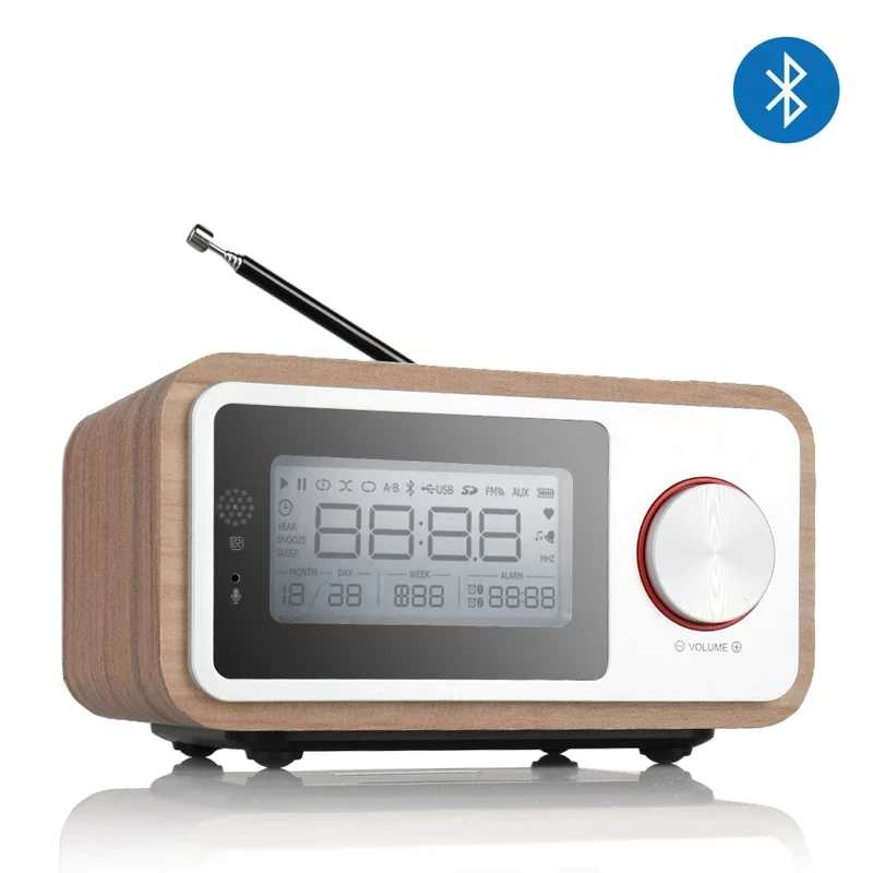 10W Home LED Screen Alarm Clock FM Radio Stereo Loudspeaker Bass Subwoofer Retro Wireless Small Wood Portable Bluetooth Speaker - купить по
