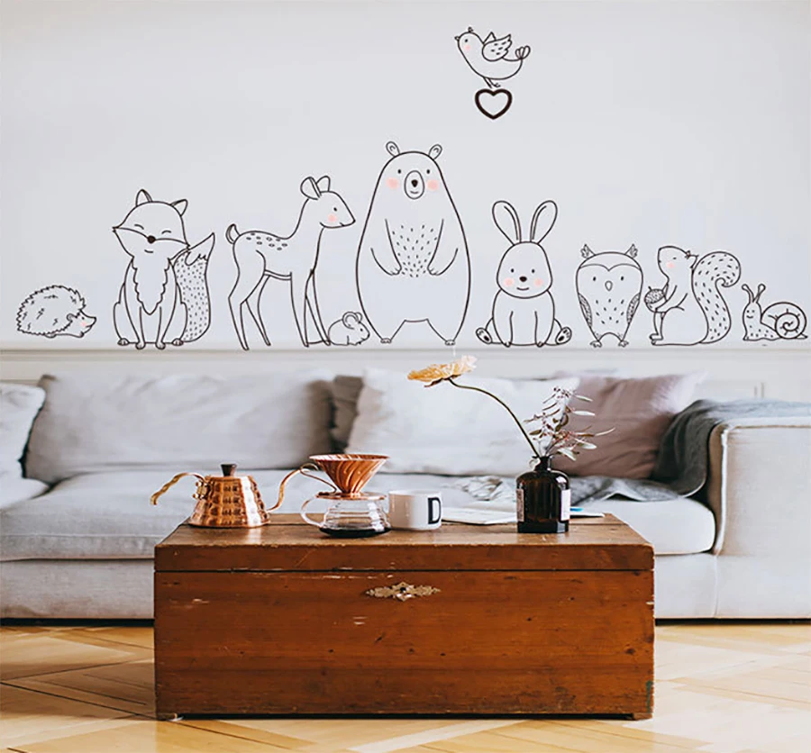 cartoon animal wall sticker Shy Bear Fox Baby Children Room Creative Nursery Decals Adhesive Home Decor Wallpaper Supply | Дом и сад