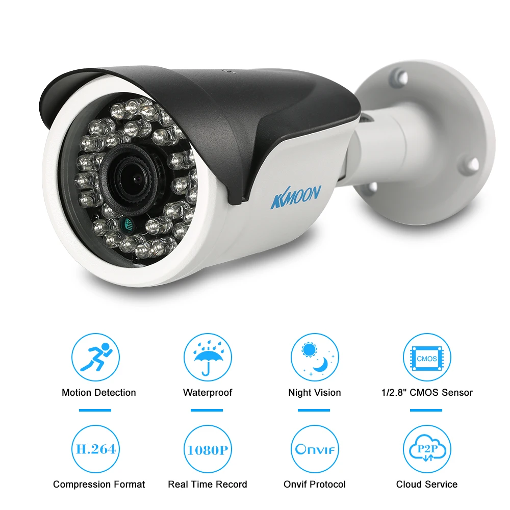 

IP-камера KKmoon 1080P HD POE 2.0MP 3,6 мм 1/2.8 CMOS P2P Onvif с 36 ИК-лампами, режим ночного видения, Функция обнаружения движения, водонепроницаемая