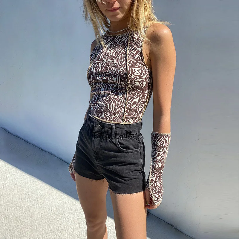 

Women's Sleeveless T-Shirts Abstract Print Crew Neck Crop Tank Tops with Arm Sleeves