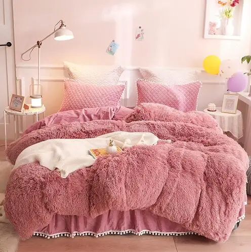 bedding set 5 Роскошные Плюшевые с длинным ворсом, пододеяльник набор стеганый помпонами и бахромой оборками плоский лист н Постельное белье близнец полный queen King 4/6 шт - Цвет: bedding set 5