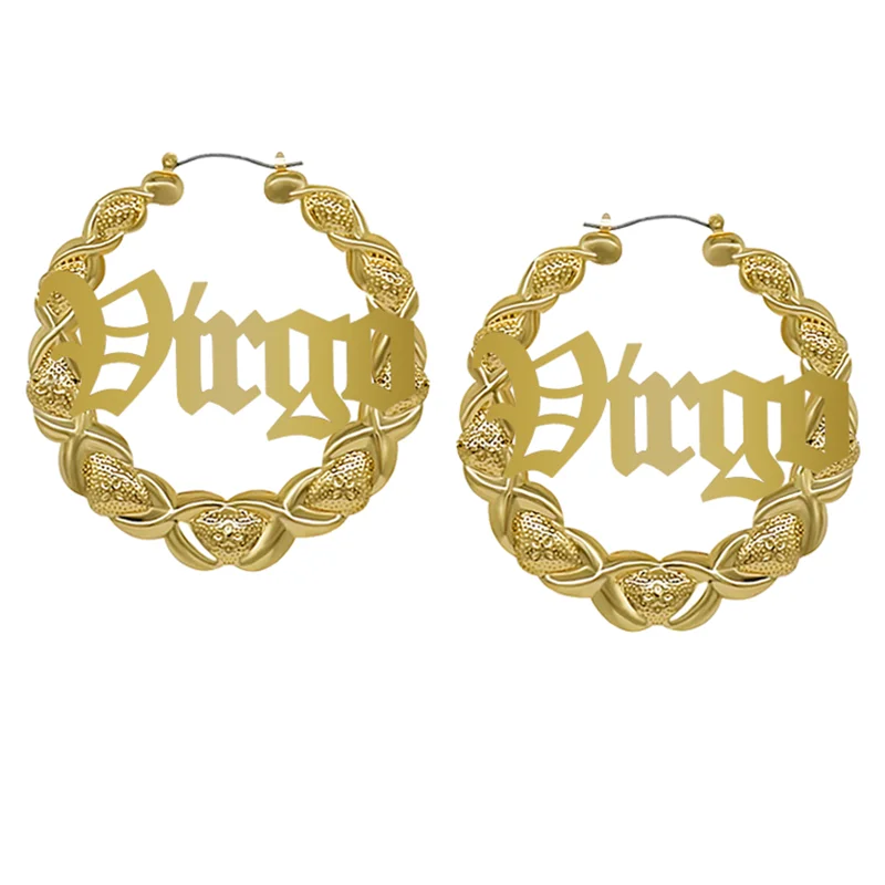 Custom Name 14k Gold Plated Old English Font Personalized Custom 12 Zodiac Name Horoscope xoxo Bamboo Large Size Hoop Earrings