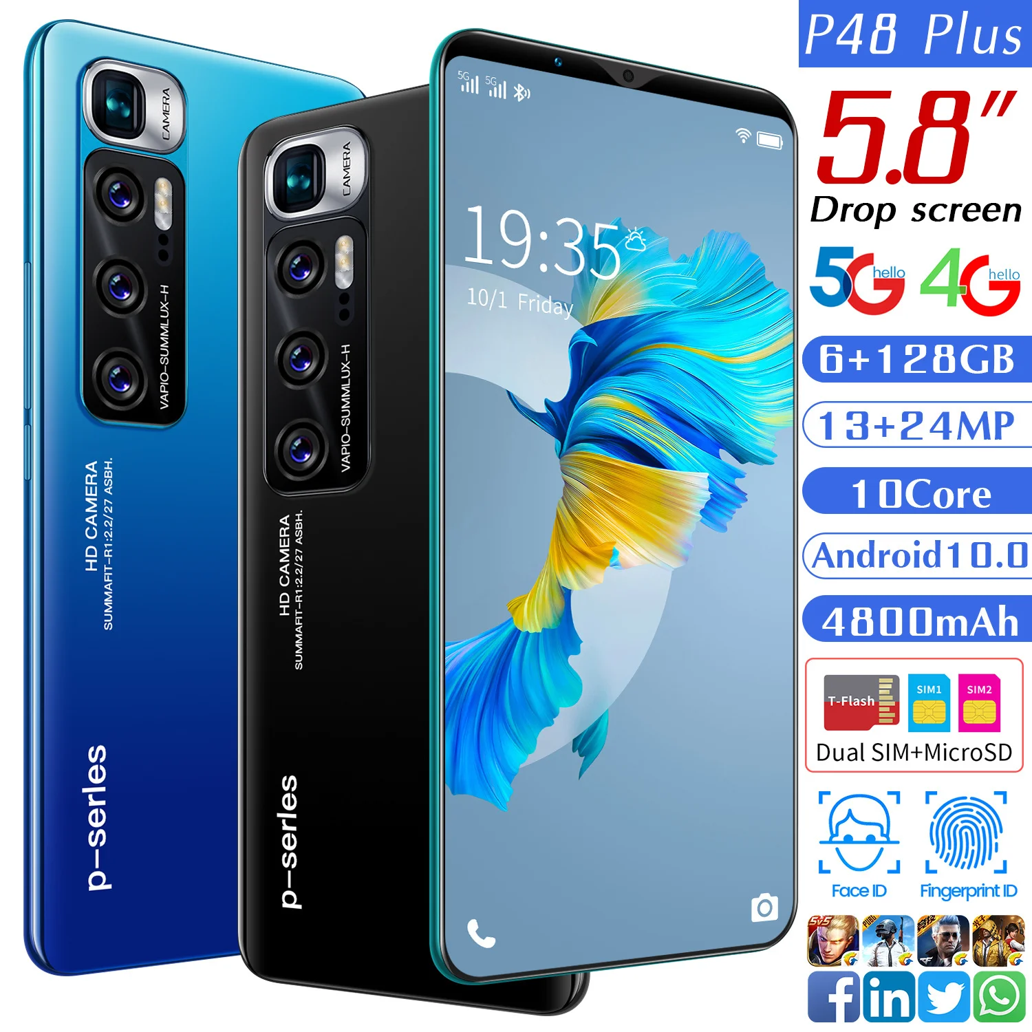 

New Arrival P48 Plus 6 128GB Mobile Phone 13+24MP 4800mAh Cheap 2021 Global Version Andriod 10 Core Dual SIM MTK6799 Smartphones