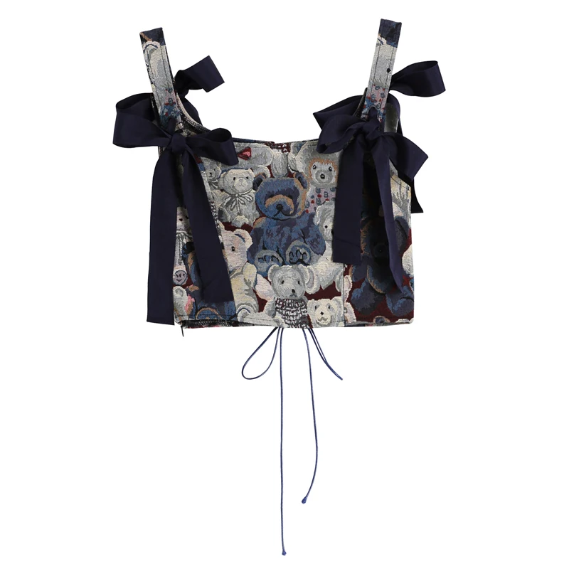 

2022 New Korean Cute Little Bear Jacquard Bow Suspender Vest Women's Summer New Style Printed Sleeveless Ladies Crop Tops
