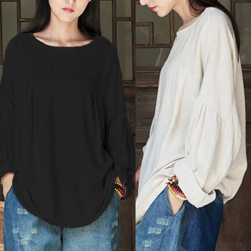 

Pop Women Casual Long Sleeve Screw Neck Linen T-shirts Tops Pop 88