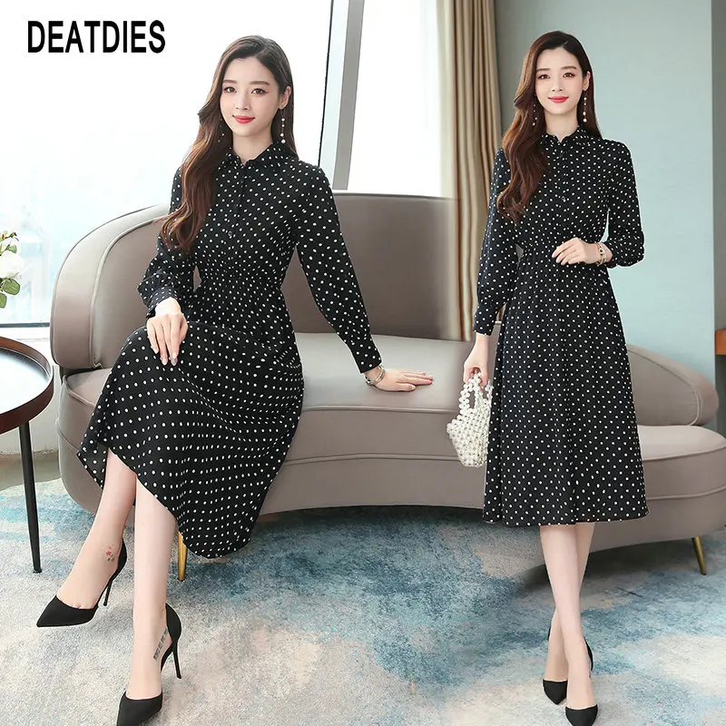 Женское платье с отложным воротником осеннее в горошек рукавами фонариками