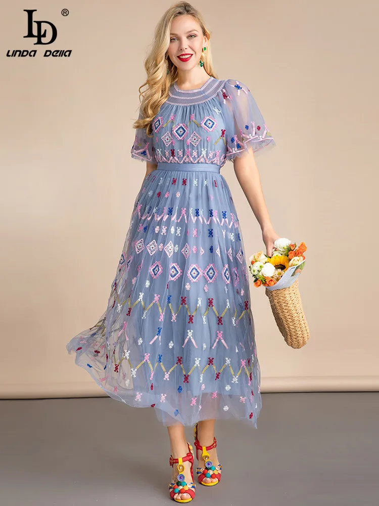 

LD LINDA DELLA лето модель последних модных показов; В винтажном стиле; Вечерние платье, женское платье, с коротким рукавом, в стиле ретро; Черная сетчатая вышивка элегантное платье миди