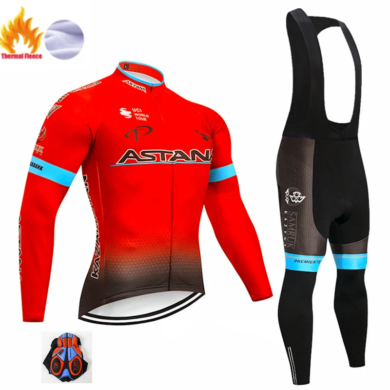 Winter suit Флуоресцентный зеленый Астана Ropa Ciclismo Invierno Зимний Велоспорт Джерси термальный флис с длинным рукавом Велоспорт одежда Набор велосипед одежда - Цвет: Winter suit