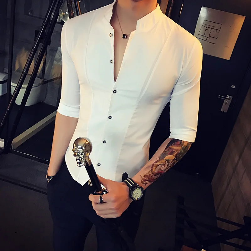 

Summer barber's Quarter Sleeve Shirt Men's slim fit Korean medium sleeve inch shirt hairdresser Casual Short Sleeve White Shirt