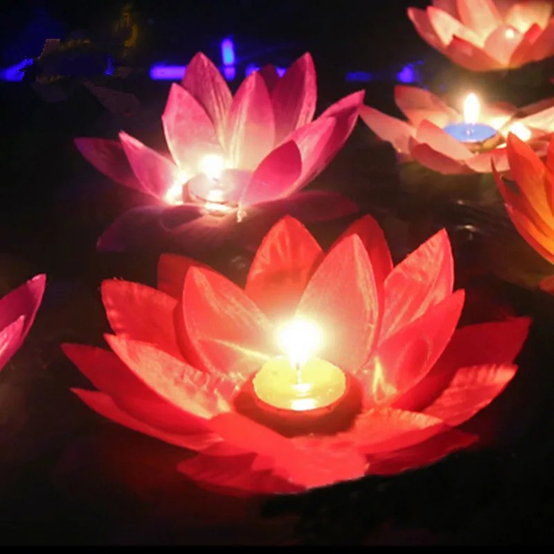 

20 CM Artificial Silk Lotus Flower Wishing Lanterns Floating Water Candle Lights For Wedding Christmas Party Decoration