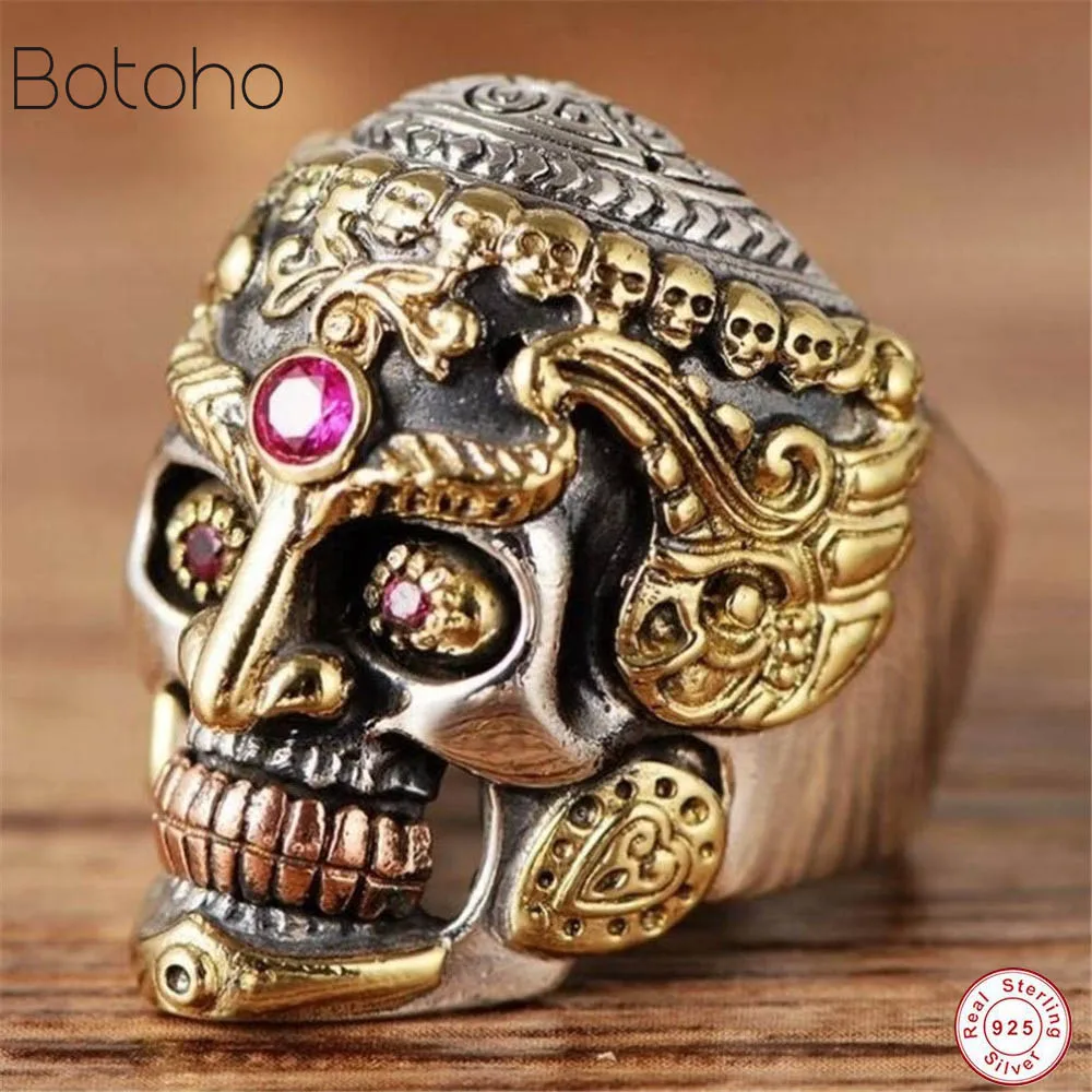 

Настоящее твердое 925 пробы Серебряное большое кольцо с черепом для мужчин, винтажный цвет желтого золота, готический, в стиле панк, тайское с...