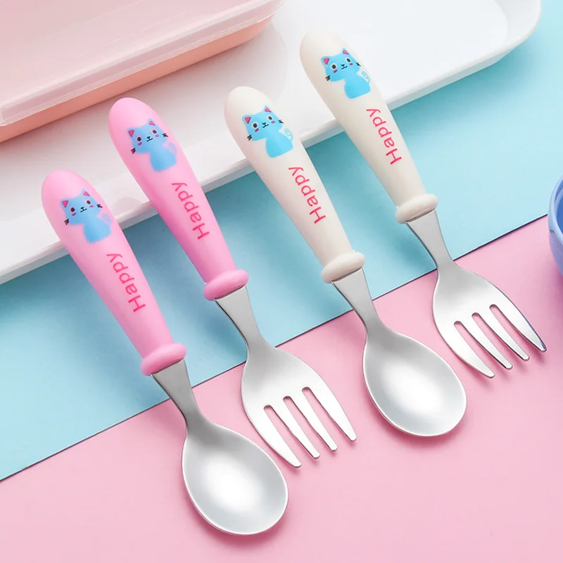 304 Stainless Steel Children's Tableware Set Spoon Fork Portable Tableware Box Set Baby Cartoon Tableware