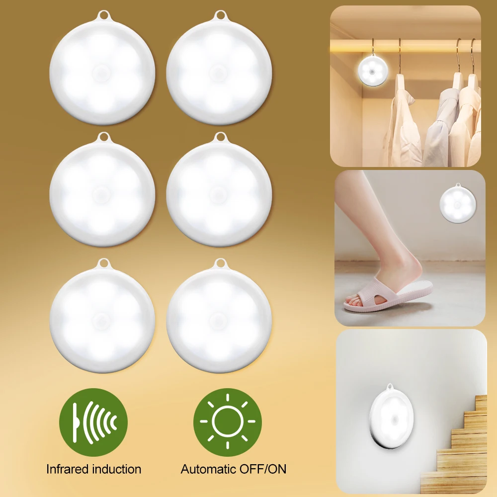 6pcs cold white 1/3/6 шт. в партии, 6 светодиодов движения Сенсор шкаф светильник диаметром 80 мм Беспроводной детектор светильник Авто включения/выключения лампы для защиты глаз шкаф лампа, лампа светильник - Цвет: 6pcs cold white