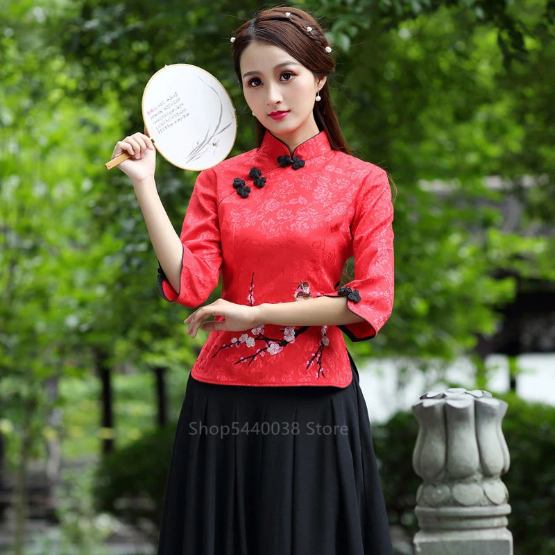 Новогодняя традиционная китайская одежда для женщин Qipao Топ Тан костюм вышивка Cheongsam блузка Винтаж классического размера плюс Топы