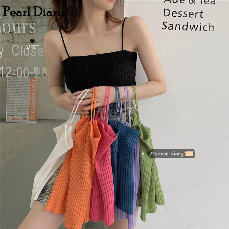 

Pearl Diary Female Rib Knitted Camisole Stretchable Knit Crop Cami Top Ribbed Short Top Going Out Spaghetti Strap Rib Croppd Top