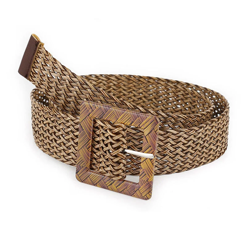 

Fake Straw Knitted Round Square Buckle Waistband Breathable Hollow Elastic Decorative Wide Belt Woven Belt Women Braid Belt
